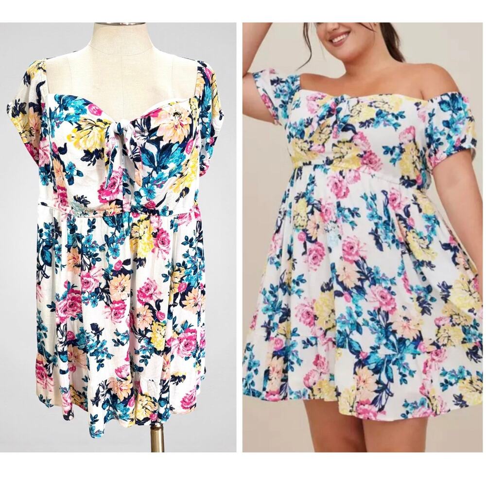 Torrid Mini Gauze Puff Sleeve Skater Dress‎ Floral White Size 3 3X 22/24 Pockets